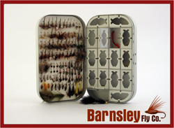 fly box and 100 assorted barbless flies